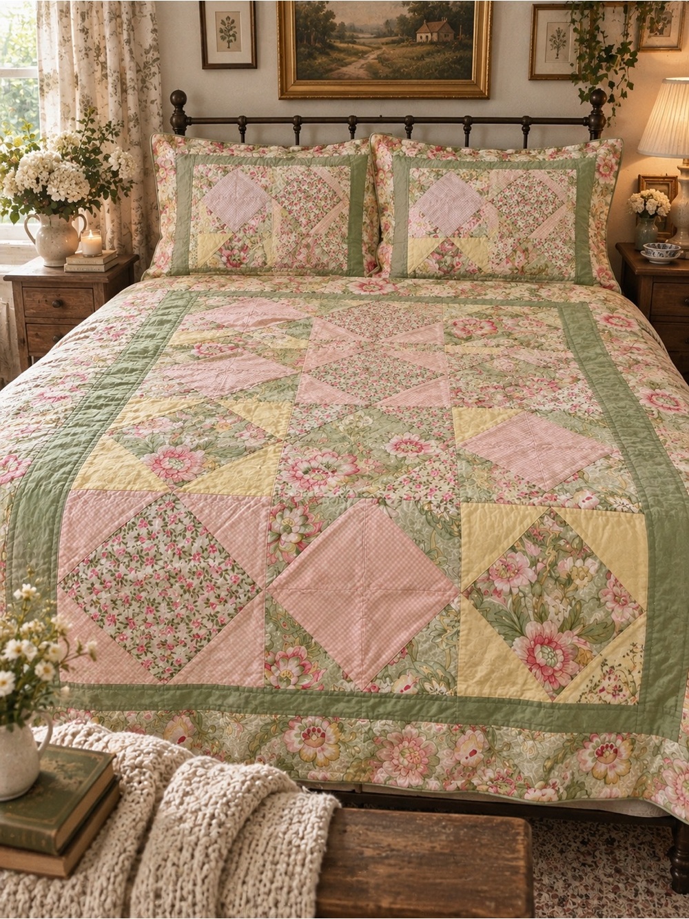 Vintage Floral Patchwork Full/Double Quilt + 2 Matching Shams Cottagecore